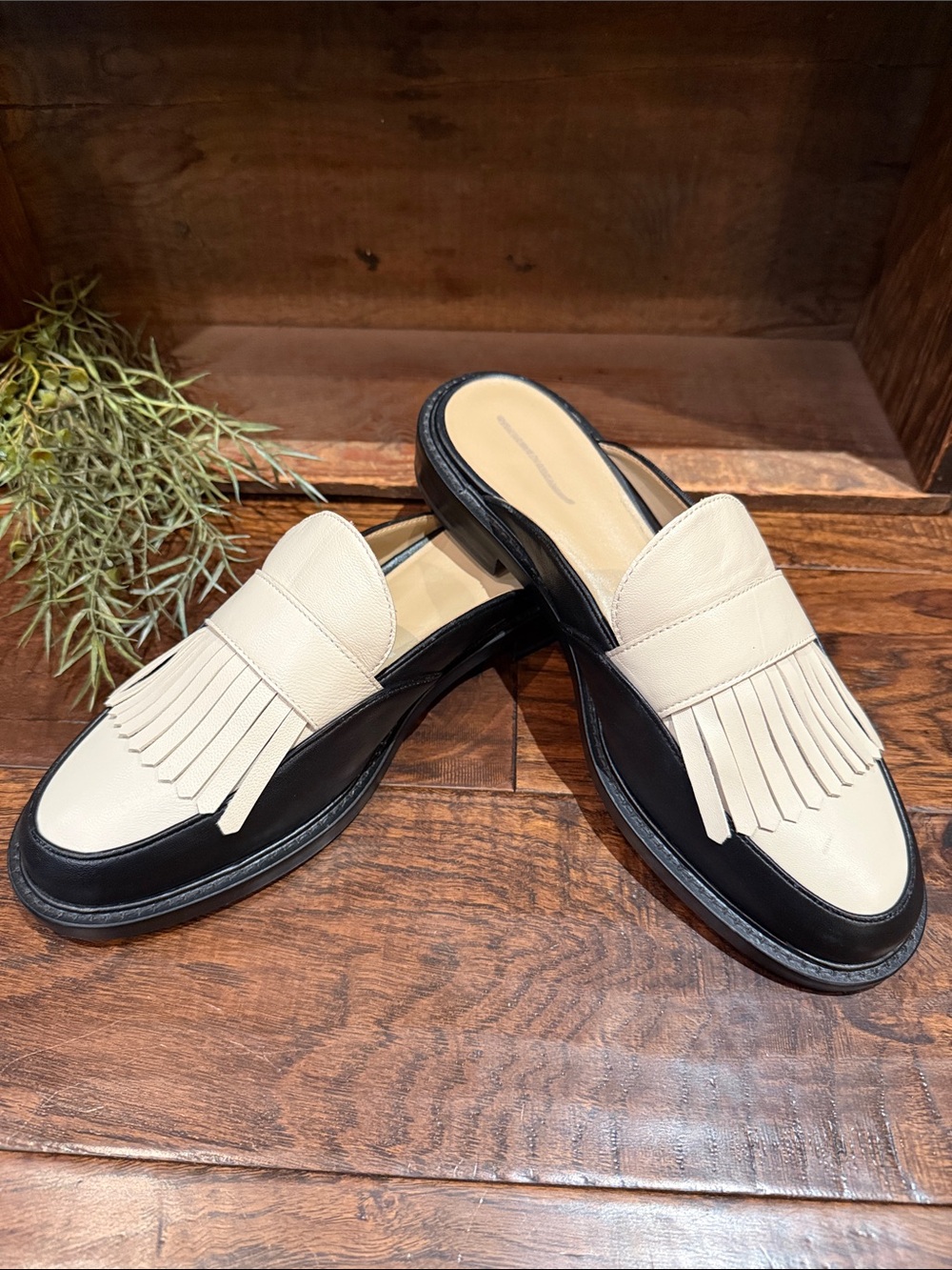 Ann Taylor Cream and Black Fringe Mule Clogs